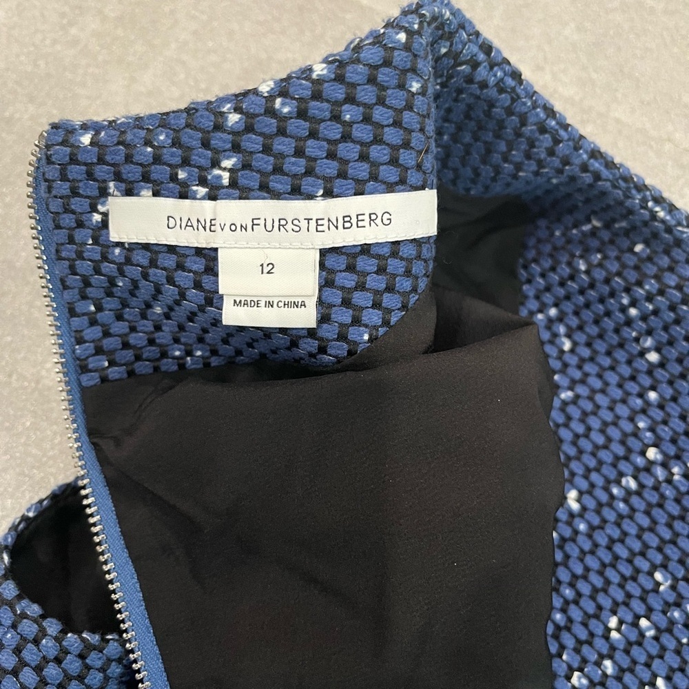 [12] Diane Von Furstenberg Yvette Navy Painted Tweed A Line Shift Dress - Picture 6 of 12